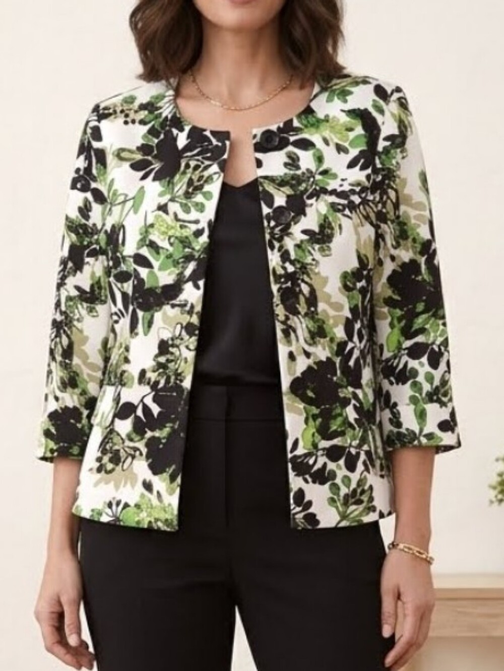 Evan Picone Floral Print Button Blazer Jacket Green Black White